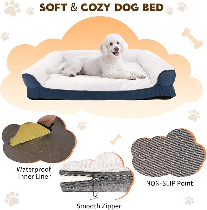 Dog Bed Medium to Large Dogs - Waterproof Couch with Removable Washable Cover and Egg Crate Foam Comfort Cage Beds Zipper Non-Slip Bottom Pad Bite-Proof
