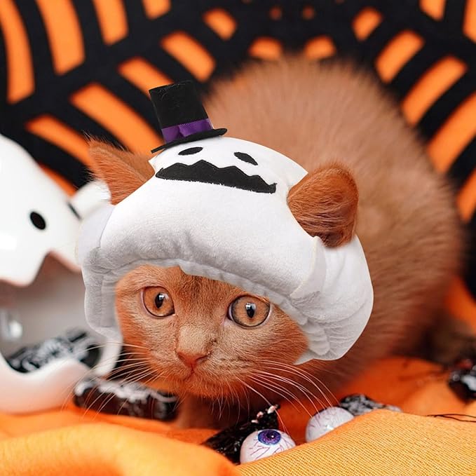 ABTOLS Halloween Dog Cat Ghost Shape Hat, Adjustable Soft Small Pet White Ghost Cap Headwear for Puppy Dogs Kittens Halloween Festival Cosplay Costume Accessory Headgear