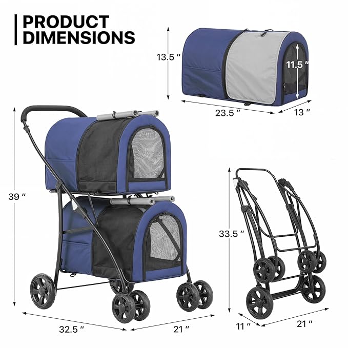 MoNiBloom Double Dog Stroller with Detachable Carrier Bags Large 4 Wheels Foldable Jogger for Small and Medium Dog Cats, Navy Blue/Gray