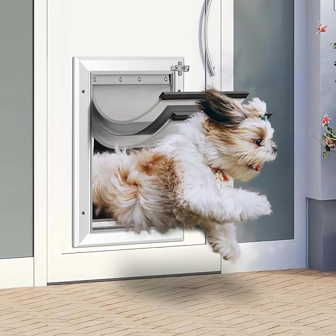[Petoasis] Heavy Duty Aluminum Dog Door with Lock,3 Flap Insulated Doggie Doors with Installation Manual,Durable and Rust Resistant, Patent: USD1057087S, (Silvery White, XLarge for Door)