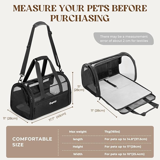 BurgeonNest Soft-Sided Dog Carrier Airplane Approved for Small Dogs Side-Expandable Pet Cat Carrier，Lightweight Puppy Purse 0-15 lbs, 17.7x11x11 Inchs Up to 16lbs, Black