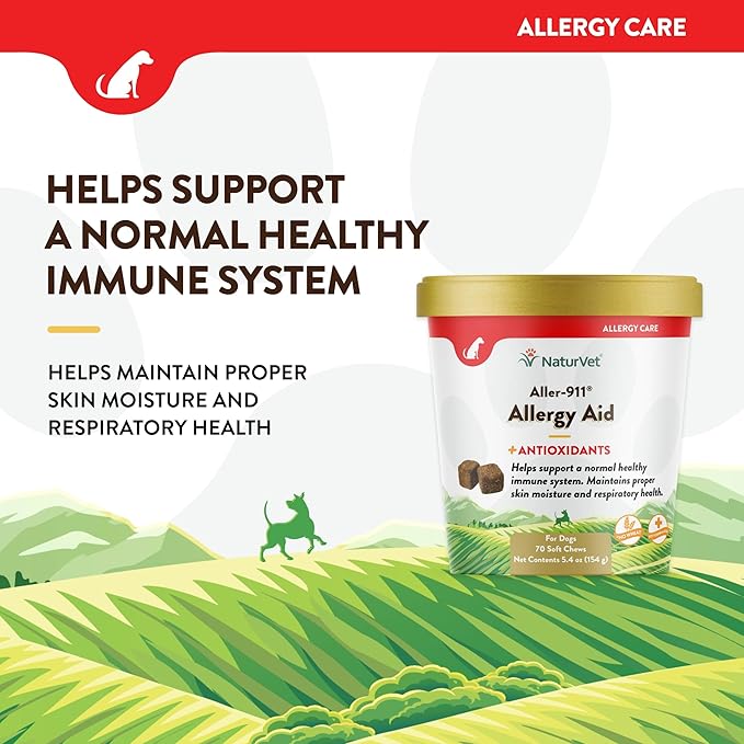 NaturVet Aller-911 Advanced Allergy Aid for Dogs, Cats – Antioxidant-Rich Pet Supplement with Omegas, DHA, EPA – Helps Support Dog Immune System, Cat Respiratory Health, Skin Moisture 70 Soft Chews