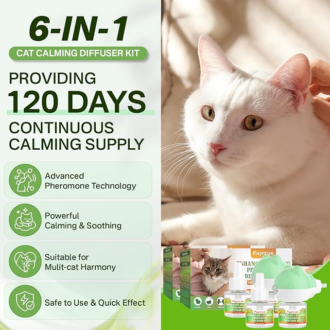 Cat Calming Diffuser with 3 Timing Functions, 6-in-1 Cat Pheromones Calming Diffuser Kit, 120-Day Anxiety Relief, Stress Reduction & Relaxation for All Cats (2 Diffusers + 4 Refills)