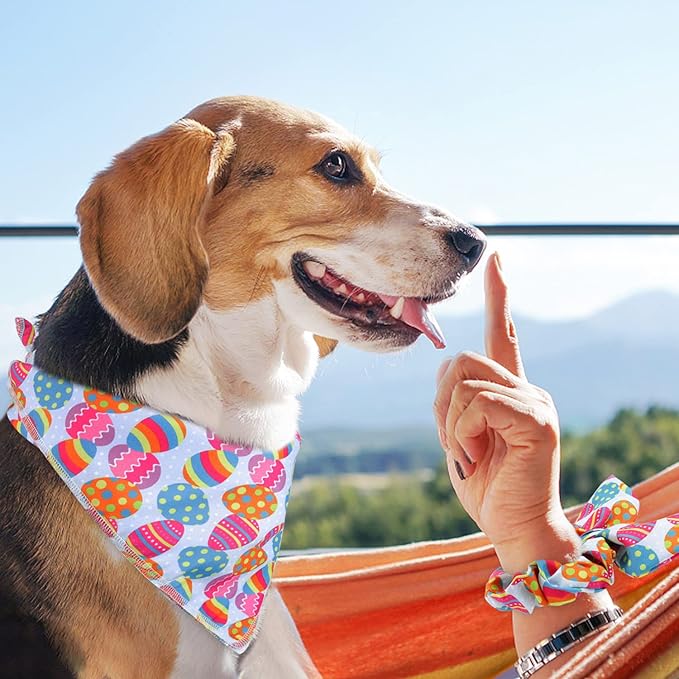 E-Clover Easter Dog Bandana & Matching Scrunchie Set Egg Dog Bandanas Scarf with Bunny Hair Tie for Medium Large Dogs & Pet Owner Mom Gift