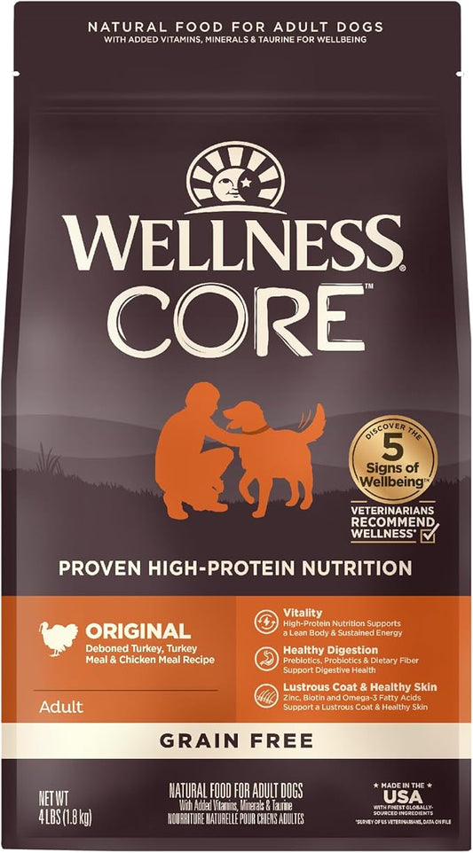 Wellness CORE Grain-Free High-Protein Dry Dog Food, Natural Ingredients, Made in USA with Real Meat, All Breeds, For Adult Dogs (Original Turkey & Chicken, 4-Pound Bag)