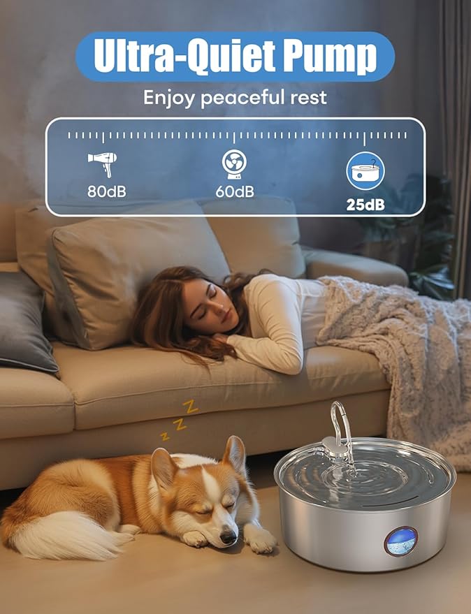 Dog Water Fountain for Large Dogs- 8L/270oz Stainless Steel Dog Fountain Dispenser Automatic Pet Water Bowl with Ultra-Quiet Pump/Quadruple Filtration for Large Pups Cats & Multi-Pet