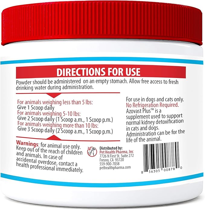 Azovast Plus Kidney Health Supplement for Dogs & Cats, Oral Powder (12 Oz) - (240 Doses/ 2 Jar) NO Refrigeration Required - Help Support Kidney Function & Manage Renal Toxins(U.S.A)(12 Oz (2 Pack))