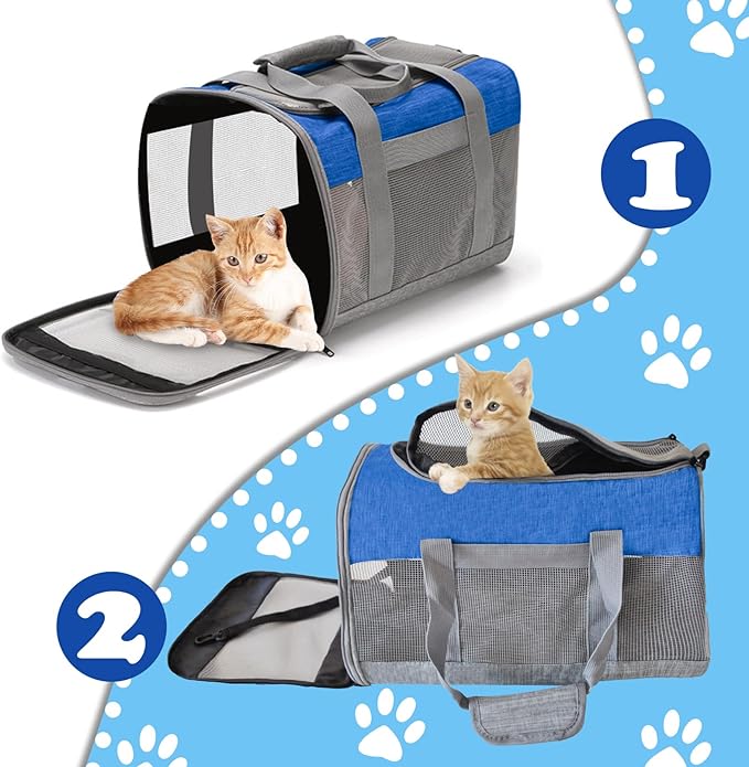 Soft Sided Pet Carrier for Cat,Airline Approved Cat Carriers Collapsible Portable Kitten Travel Crate Breathable Ventilated Grey Blue Puppy Carrying Bag Under to 12 Lb