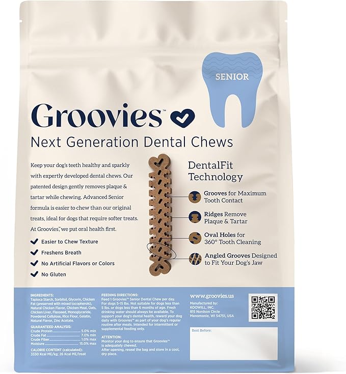 Groovies Slightly Softer, Yet Flexible Dental Chew for Senior Dogs & Delicate Chewers. Powered by USA-Patented DentalFit Tech. No Added Gluten, No Artificial Flavors or Colors. 12oz Small (43Chews)