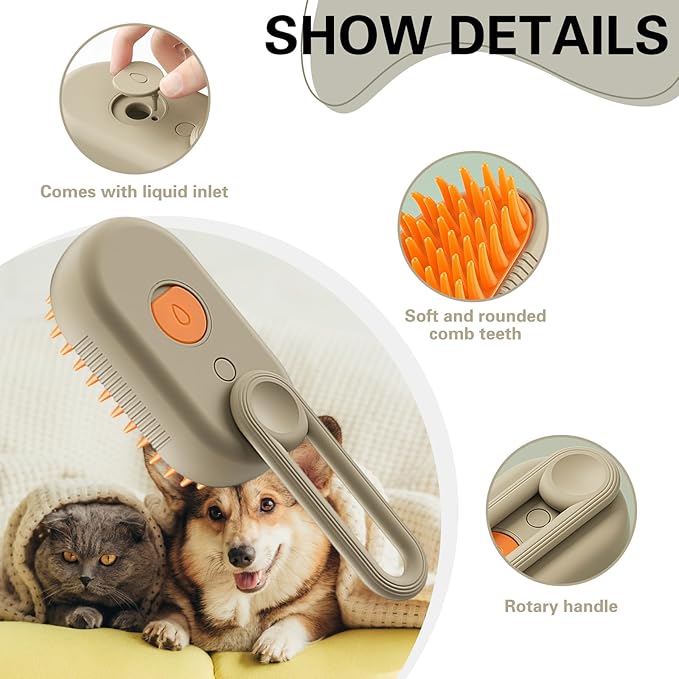 Steamy Pet Brush - Convenient Hair Removal, Easy Collection, Massage Function - Ideal Steam Brush for Cats! (White+coffee)