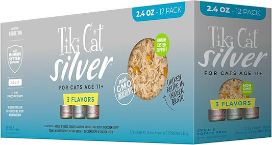 Tiki Cat Silver Variety Pack, Immune System Support Formulated for Older Cats Aged 11+, Senior Wet Cat Food, 2.4 oz. Can (12 Count)