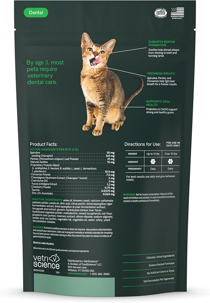 VetriScience Perio Plus Cat Teeth Cleaning Bites - Advanced Cat Breath Freshener - Dual Action Cat Dental Care Formula for Plaque Control & Fresh Breath, 60 Chews, Chicken Flavor