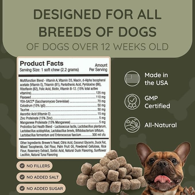Asher House Wellness Dog Multivitamin Chews - Dog Vitamins and Supplements, Soft Chew for Pet Dogs with Probiotics, Flaxseed, Colostrum - Comprehensive Health Support from Puppy to Senior, 120 Chews