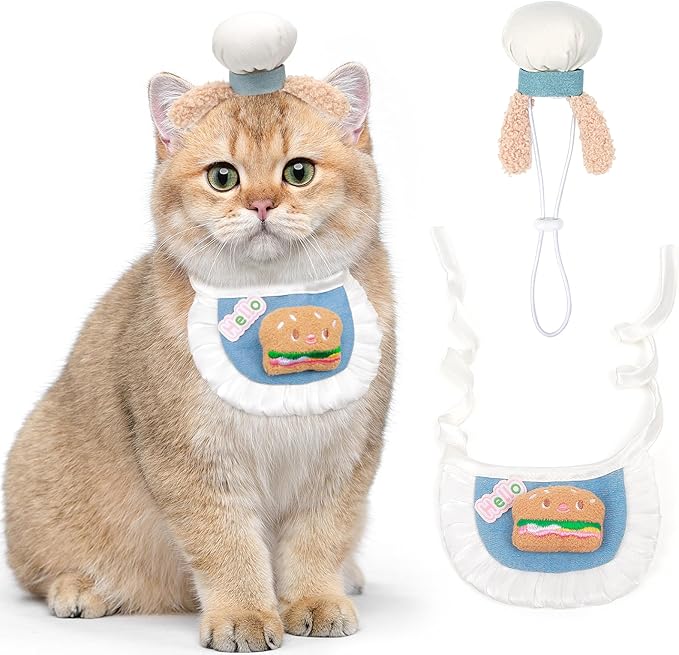 HOWWFALY Cat Halloween Costumes Pet Chef Hat &Hamburger Bib Costume Set, Funny Holiday Cooking Outfit for Small Medium Cats Pets