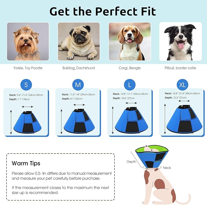 Queenmore Dog Cones for Medium Dogs, Soft Dog Cone Collar After Surgery, Pet Cone for Dogs Wound Care, Spay, Neuter, Breathable Pet Surgery Collars & Cones, Blue&Green M