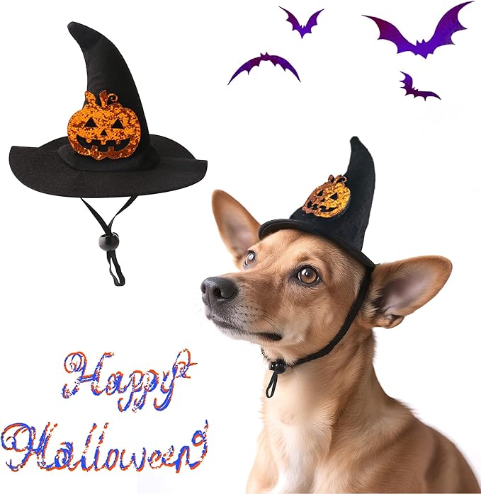 Halloween Pet Costume, Witch Hat for Cats Dogs, Black Adjustable Wizard Hat with Pumpkin Design, Witch Accessories for Small Medium Pets