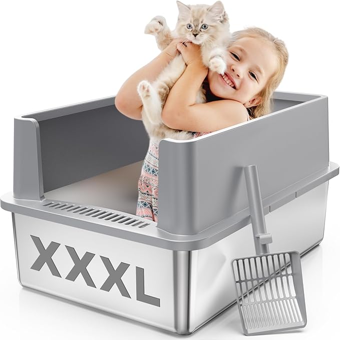 Extra Large Stainless Steel Litter Box with Lid, XXXL XXL Metal Litter Box for Big Cats & Kitty, 28”L x 20”W x 12”H Enclosed Cat Litter Boxes, Never Absorbs Odors, Anti-Urine Leakage, Easy Cleaning