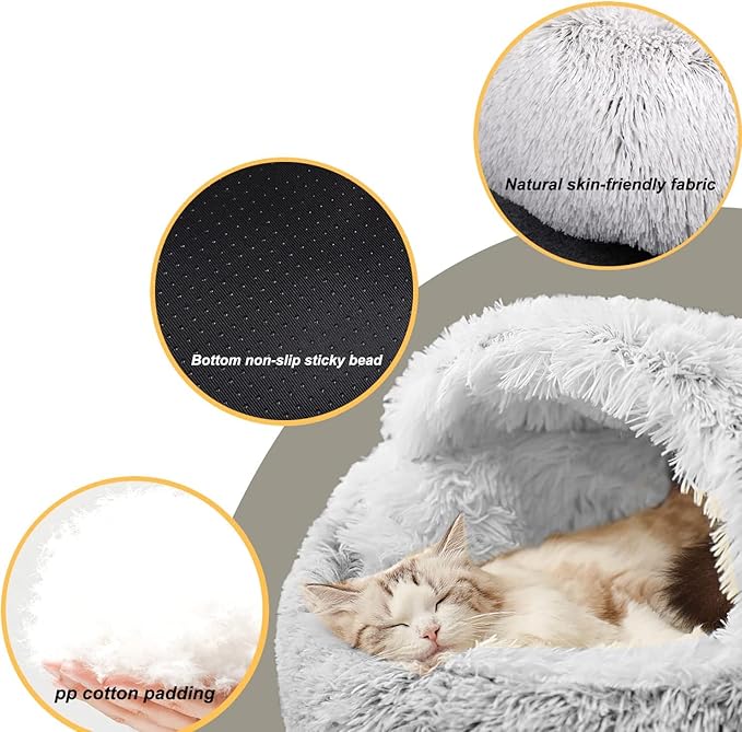 YUDANSI Small Dog Bed Hooded, Cat Cave Bed for Indoor Cats with Covered Hood for Small Dogs Cats Puppy, Plush Faux Fur Enclosed Nest(Gray-26'')