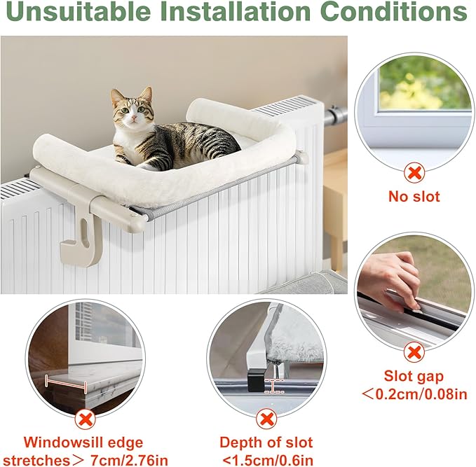 Sunhoo Cat Window Perch Hammock Sturdy Windowsill Bed Seat for Large Cats No Drilling No Suction Adjustable Kitty Shelf with Washable Cover Easy Assembly Holds up to 40 lbs 24.8 * 15 in (White, L)