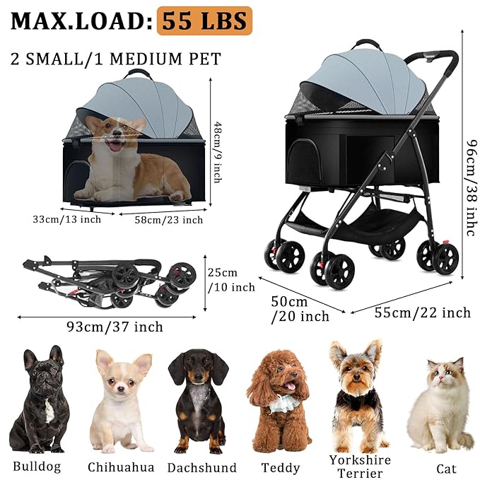 3 in 1 Dog Strollers 4 Wheels Folding Pet Stroller with Detachable Carrier Multifunction Portable Dogs Travel Carriers for Medium Small Puppy Kittens