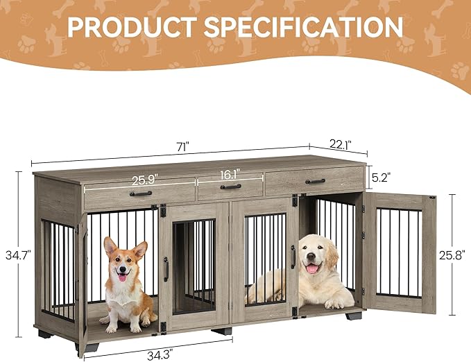 71'' Double Dog Crate Furniture, Large Dog Kennel Indoor with 3 Storage Drawers and Removable Divider for 2 Dogs, Heavy Duty Decorative Dog House TV Stand Side Table for Medium Large Dogs, Grey