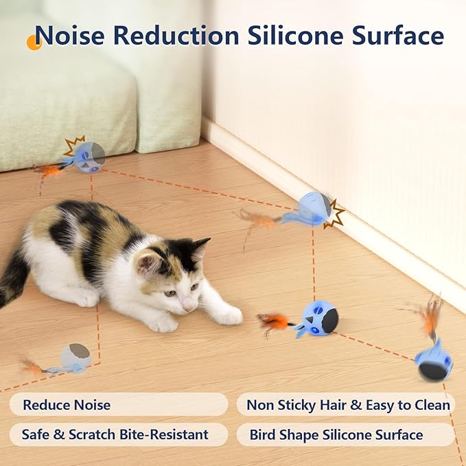 ORSDA Cat Toys, Interactive Cat Toy for Indoor Cats, Automatic Moving Ball Bird for Indoor Adult Cats Kitten Toys All Breeds, Fast Rolling Motion Activated Chirping Stimulating Light, 2 Feather Refill