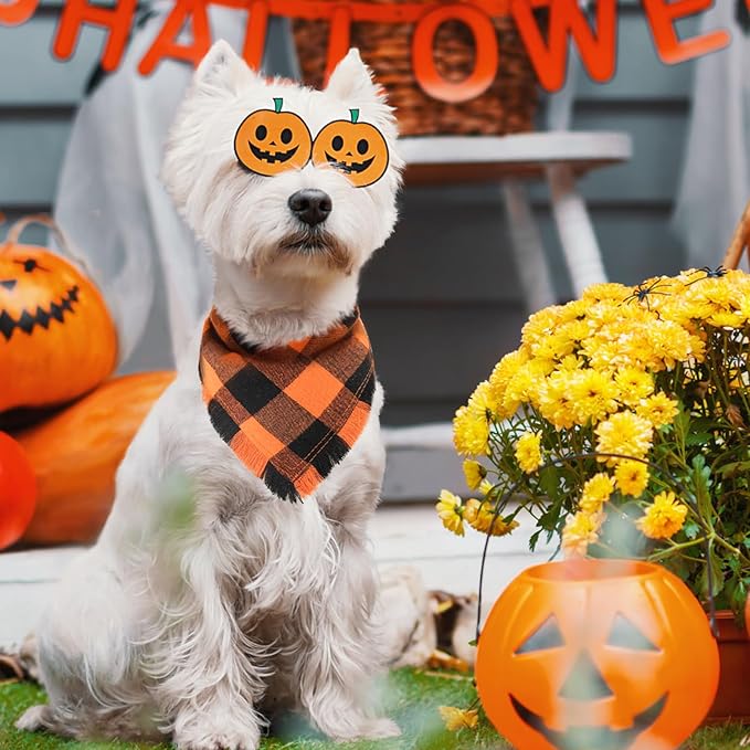 Kytely Fall Dog Bandana 2 Pack, Halloween Thanksgiving Dog Bandanas, Orange Plaid Pet Scarf for Boy and Girl, Holiday Bandana Reversible Triangle Bibs Accessories for Dogs Pets Small