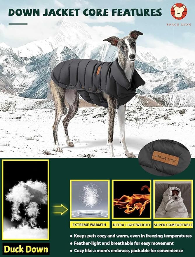 SPACE LION Puffer Jacket, Down Winter Coat, Durable Outdoor Coat for Cold and Windy Conditions, Waterproof, Windproof, Lightweight Jacket, Adjustable Fit for Small, Medium Dogs(Black,M)