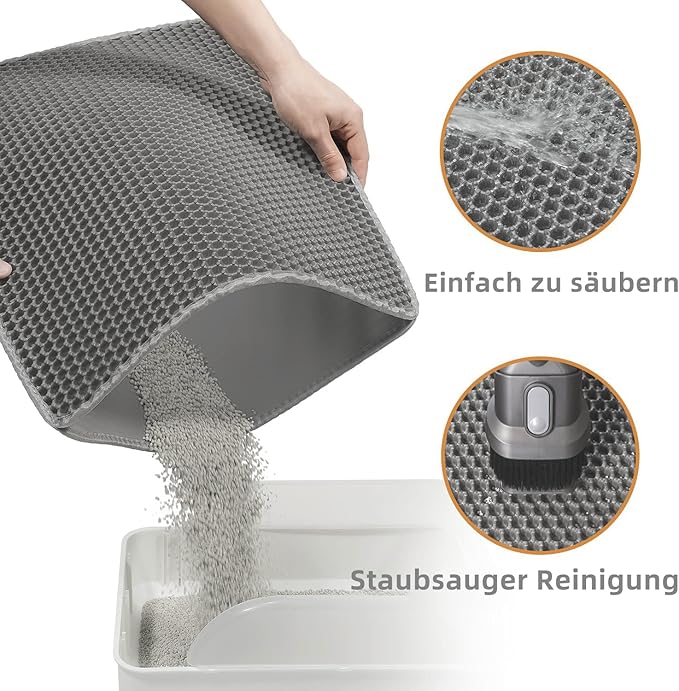 Cat Litter Mat Cat Litter Trapping Mat, 46 x 24 inch Honeycomb Double Layer Design, Urine and Water Proof Material, Scatter Control, Less Waste, Easier to Clean, Washable Gray
