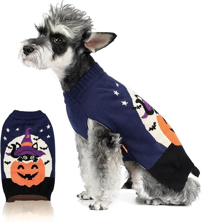 FOFOS Halloween Dog Sweater Pumpkin, Acrylic Knit Dog Pullover Lightweight Dogs Halloween Clothes for Small Medium Puppies, Navy Blue, L