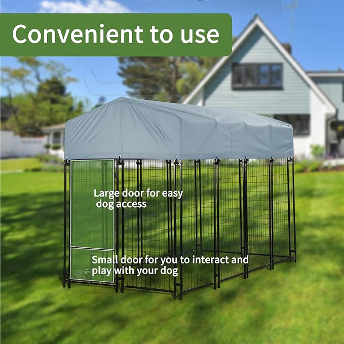 Dog Kennel Outside with Roof, 8'x4'x6' Outdoor Dog Kennels for Large Dogs, Heavty Duty Welded Dog Crate Playpen with UV-Resistant Waterproof Cover & Bowls