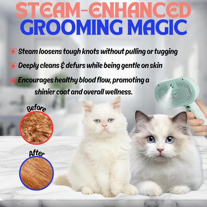 Pet Steam Brush for Cats Dogs, 3-in-1 Cat Grooming Tool with Water Spray and Quick Hair Release Button, Hair Removal Comb for Shedding, Steamy Brush (White)