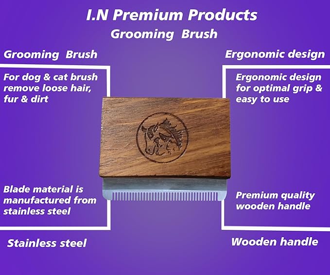 Deshedding Grooming Tools for Dogs Cats & Horse Easy Ergonomic Wooden Handle Professional Brush Grooming Tool, Remove painlessly 95 Percent of Lose Hair Fur & Dirt (5 inch) (2.5 inch)