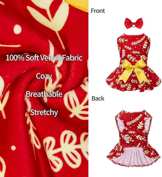 CuteBone Dog Christmas Dresses Outfit Velvet Holiday Small Dogs Clothes Onesie Pet Apparel Girl Puppy Skirt with Bow Hair Rope CVA30M