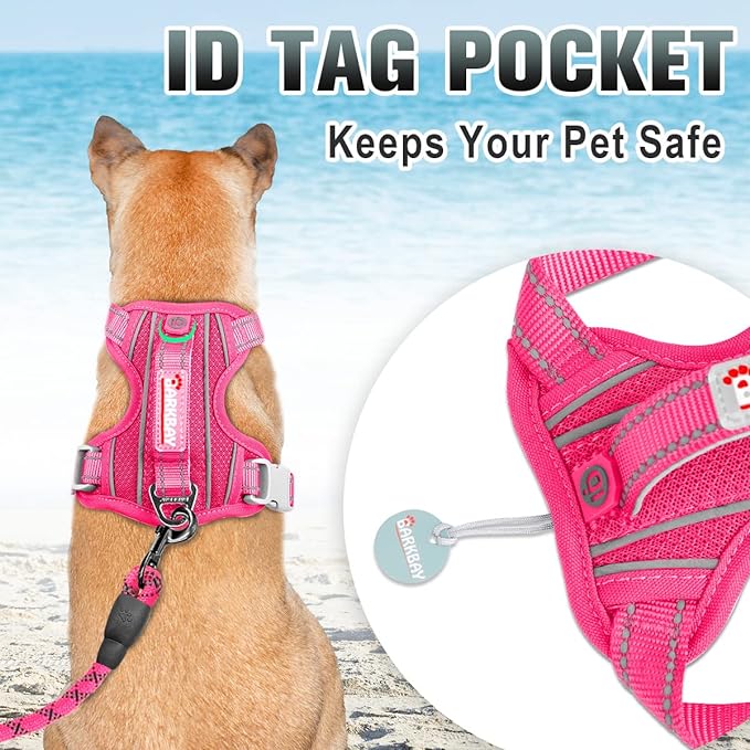 BARKBAY No Pull Dog Harness Large Reflective Dog Harness with Front Clip and Easy Control Handle for Walking Training Running with ID tag Pocket(Pink,XL)