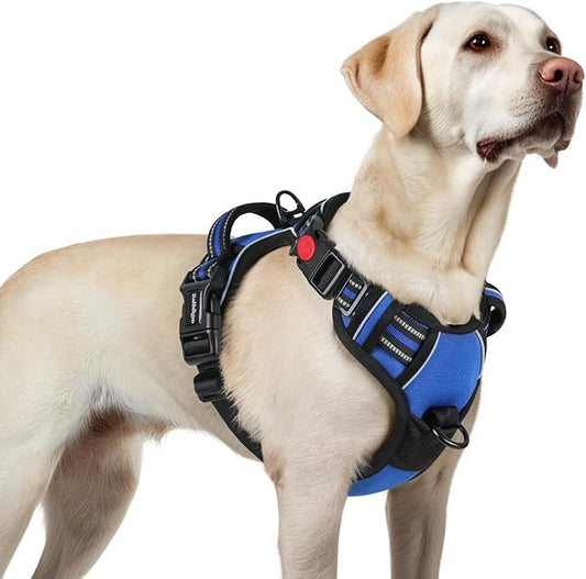 rabbitgoo Dog Harness for Large, No Pull Pet Harness with 3 Buckles, Adjustable Soft Padded Vest with Control Handle, Walking Reflective Pet Vest for Large Dogs, Blue, L