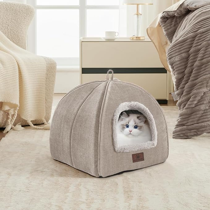 WINDRACING Cat Bed for Indoor Cats - Cat Cave Cat House Cats Tent with Removable Washable Cushioned Pillow, Soft and Self Kitten beds (Large, Beige)