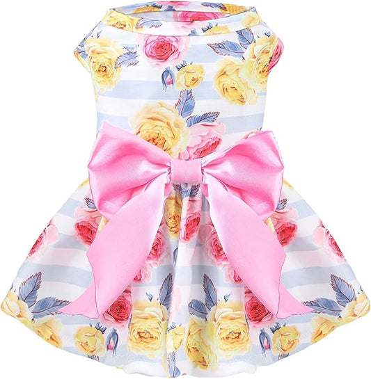 PUPTECK Floral Dog Dress for Spring Outfit Puppy Cute Small Dogs Clothes,Stripe,L