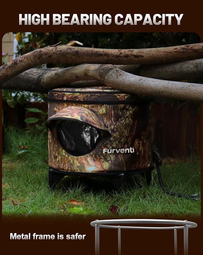 Heated Cat House for Outside,Metal Frame,Barrel Design,Extremely Weatherproof & Insulated in Winter,Elevated Outdoor Cat Shelter with Eaves & Escape Door for Feral Stray Barn Cat(Leaves,Large)