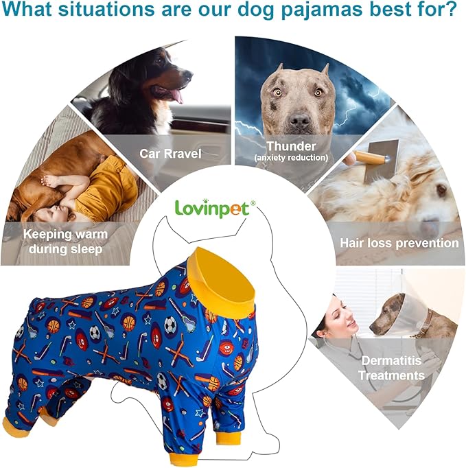 LovinPet Large Dog Onesies for Surgery Recovery, Dog Pajamas for Large Dogs,Lightweight Stretchy Fabric,Blue Sports Print,Dog Pajamas for Surgery Recovery, Easy to Wear, Onesies for Dogs, 2XL
