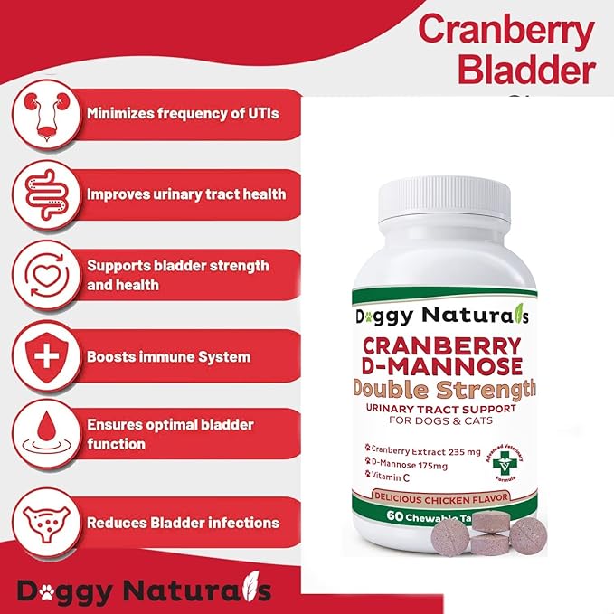 Cranberry D-Mannose for Dogs and Cats Urinary Tract Infection Support Prevents and Eliminates UTI, Bladder Infection Kidney Support, Antioxidant (Double Strength Tablet, 60 Count)