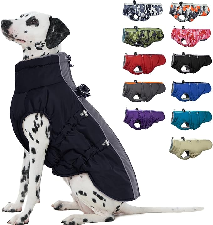Dog Coat - Warm Zip Up Snowsuit Reflective Water-Resistant Jacket for Large Dogs, Black