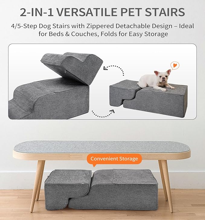 Made4Pets Dog Stairs Ramp for Small Dogs, 3-Step Dog Steps for Bed Couch Sofa and Chair, 35D Foam Pet Steps for Small Dogs and Cats, Non-Slip Bottom Pet Stairs, Grey