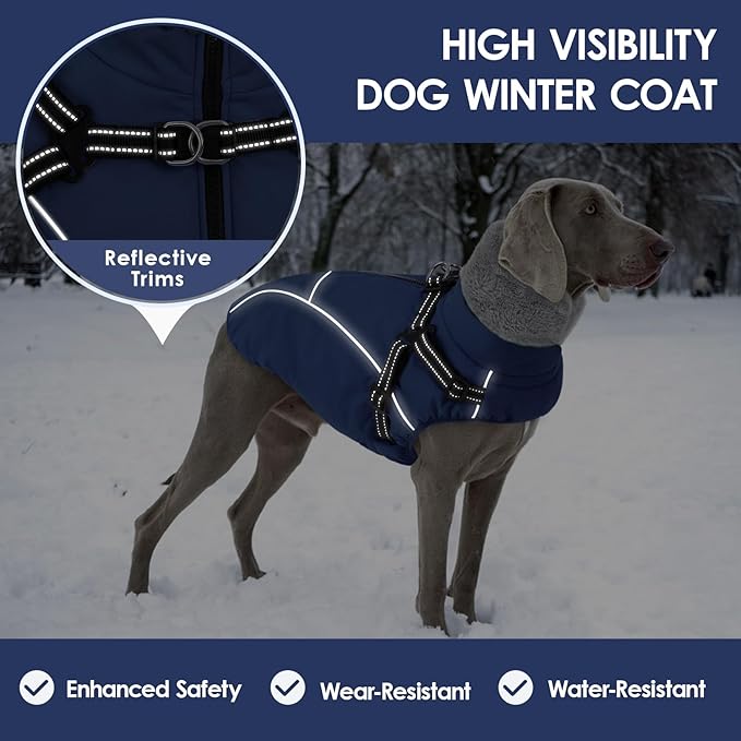 AOFITEE Large Dog Coat, Waterproof Dog Jacket Winter with Harness Built in, Warm Fleece Pet Puffer Jacket with Zipper, Cold Weather Coats for Dogs, Reflective Pet Snowsuit, Great Dane, Blue XXXL