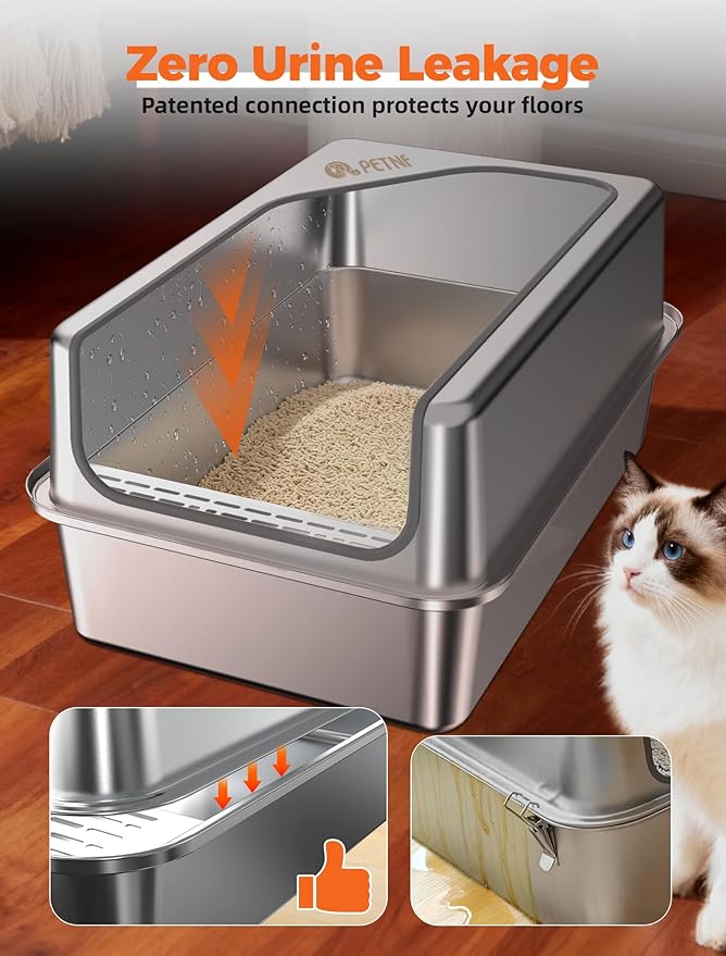 PETNF All Stainless Steel Cat Litter Box, High Sided Large Metal Litter Box - Leak-Proof, Anti-Litter Tracking, Easy Clean for Big Cats, Multi-Cat Households, 24"L x 18"W x 12"H (Silver White, 1 PACK)
