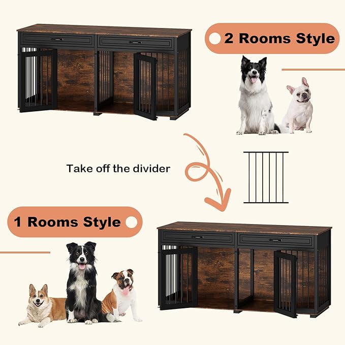 64.6" Furniture Dog Crate,Heavy Duty Wooden Dog Cage Furniture,Indoor Dog Kennel with Drawers & Removable Divider,Luxury Dog House w/Double Rooms for Small Medium Dogs,Rustic Brown