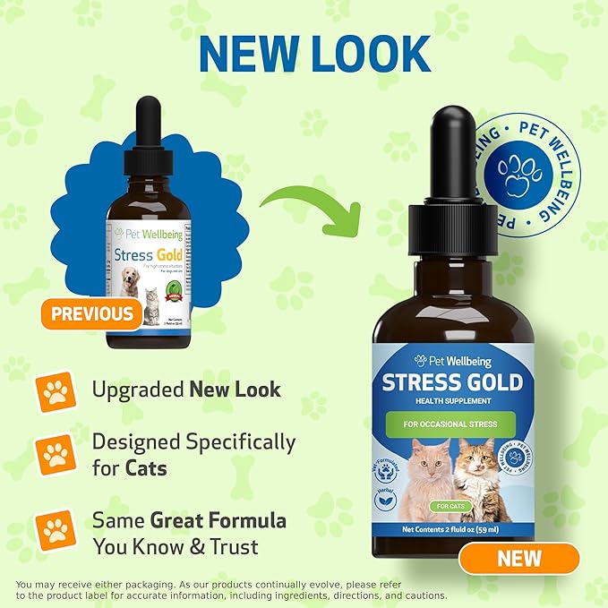 Pet Wellbeing Stress Gold for Cats - Vet-Formulated Situational Feline Stress Support - Fast-Acting Vet Visits, Travel, Grooming - Cat-Safe Holistic Herbal Blend - Liquid Support 2 oz (59ml)