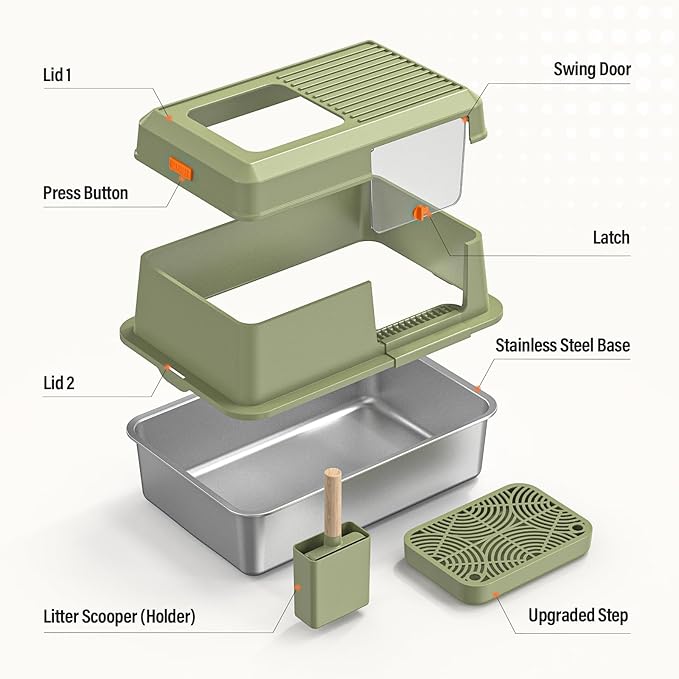 Stainless Steel Cat Litter Box with Scoop, Metal Litter Box High Sided, Cat Litter Box Enclosure, XL Extra Large High-Sided Litter Boxs (Anti-Urine Leakage, Include Scoop) (Green)
