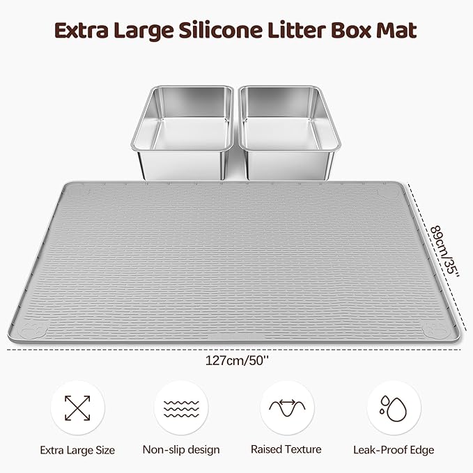 Cat Litter Mat, XXL Extra Large 50" x 35" Silicone Mat Litter Trapping Mat for Scatter Control, Soft on Kitty Paws, Easy to Clean (Grey)