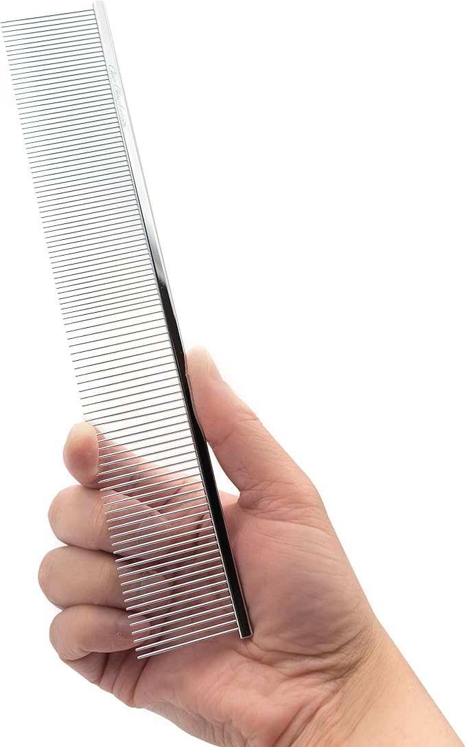 Chris Christensen 504 8.5 in. Fine/Coarse Greyhound-Style Butter Comb, Groom Like a Professional, Rounded Corners Prevent Friction and Breakage, Solid Brass Spin with Steel Teeth, Chrome Finish.